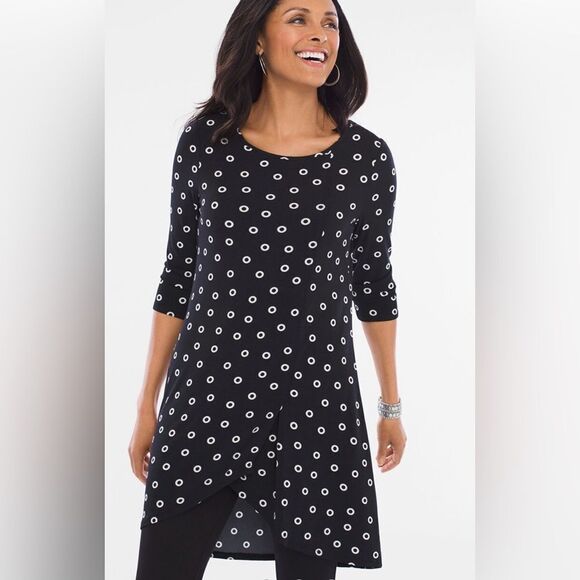 Chico’s black/white grommet dot stretch tunic. High-low hem. Size 0 (small/4). - Picture 1 of 8